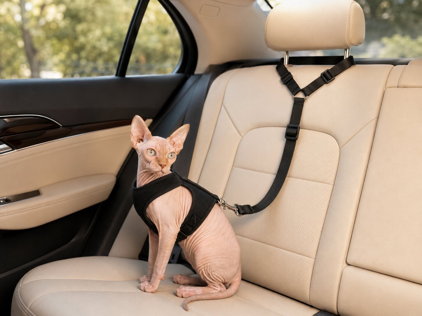 חתול ברכב עם חגורת הבטיחות PawRide מחוברת לרתמה